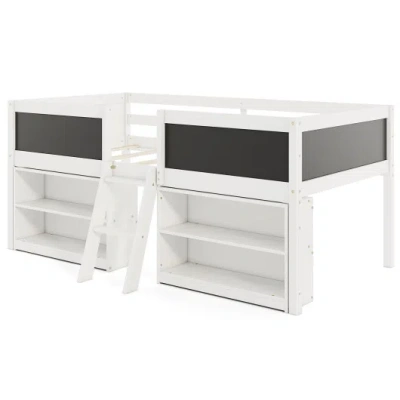 Costway Kid Twin Size Low Loft Bed With Chalkboard Ramp Ladder And Bookcases-white In Multi
