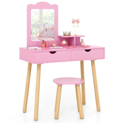 Costway Kid Vanity Table Chair Set With Mirror And 2 Large Storage Drawers-pink