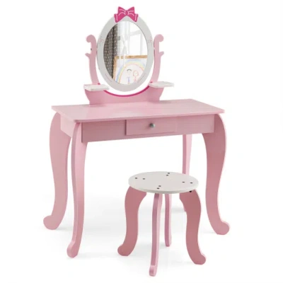 Costway Kid Vanity Table Stool Set With Oval Rotatable Mirror-pink