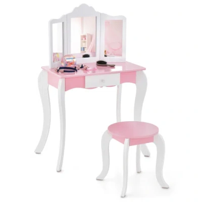Costway Kid's Wooden Vanity Table And Stool Set With 3-panel Acrylic Mirror-white