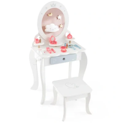 Costway Kids 2-in-1 Princess Makeup Table And Chair Set With Removable Mirror-white In Multi