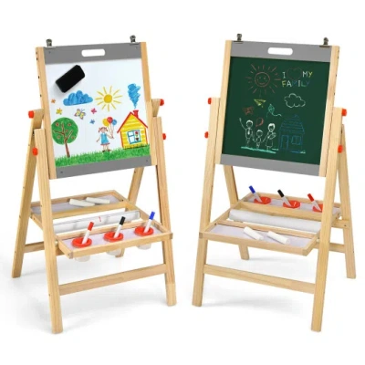 Costway Kids Art Easel With Paper Roll Double Sided Chalkboard And Whiteboard-gray In Multi