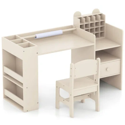 Costway Kids Art Table And Chair Set With Detachable Paper Roll Holder And Cabinet-natural In Pink