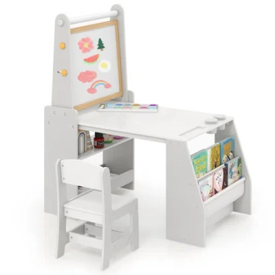 Costway Kids Art Table And Chair Set With Easel And Chair For Drawing Reading-grey In Gray