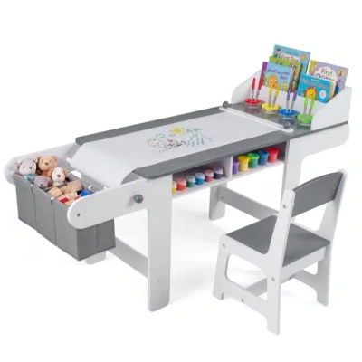 Costway Kids Art Table And Chair With Paper Roll And Fabric Bins For Drawing Reading Studying Playing-gray In Multi