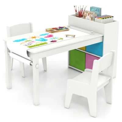 Costway Kids Art Table And Chairs Set With 2 Chairs And Paper Roll-white In Multi