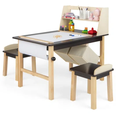 Costway Kids Art Table And Chairs Set With Paper Roll And Storage Bins-coffee In Multi
