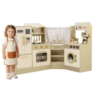 Costway Kids Corner Play Kitchen With Faucet And Dishwasher And Stoves-green In Animal Print