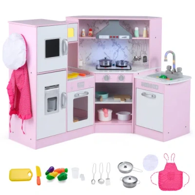Costway Kids Corner Pretend Kitchen Playset With Separated Washing Basin-pink In Multi