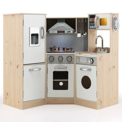 Costway Kids Corner Wooden Kitchen Playset With Cookware Accessories In Brown