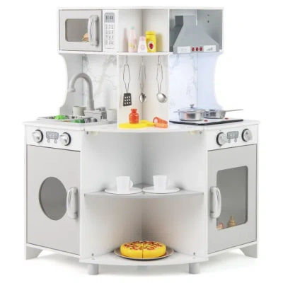 Costway Kids Corner Wooden Play Kitchen With Range Hood And Stoves-gray In White