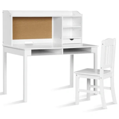 Costway Kids Desk And Chair Set Study Writing Desk With Hutch And Bookshelves-white In Multi