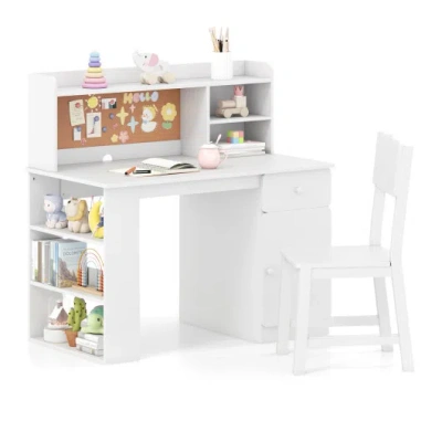 Costway Kids Desk And Chair Set With Hutch And 3-layer Side Shelf-white