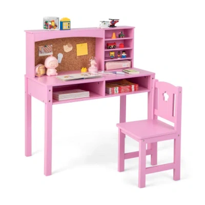 Costway Kids Desk And Chair Set With Hutch And Bulletin Board For 3+ Kids-pink In Multi