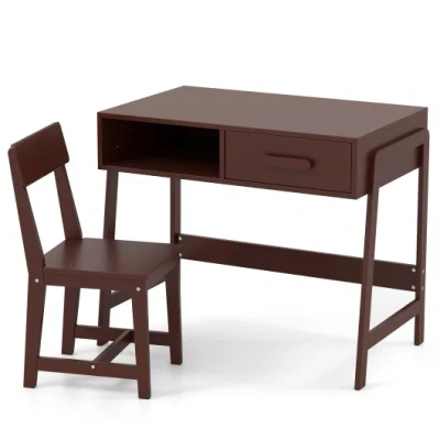 Costway Kids Desk And Chair Set With Storage Drawer And Hutch-brown
