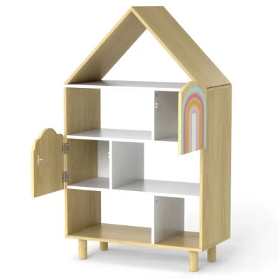 Costway Kids Dollhouse Bookshelf House-shaped Bookcase Children Toy Storage Organizer-natural In Gray