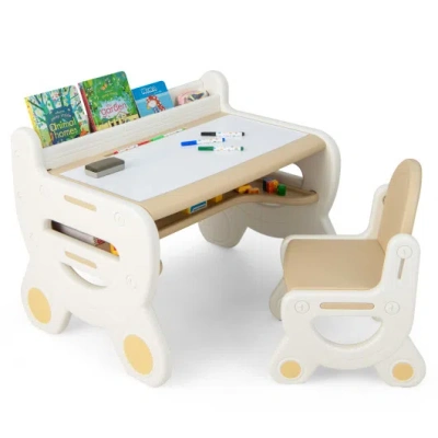 Costway Kids Drawing Table And Chair Set With Watercolor Pens And Blackboard Eraser-brown In White