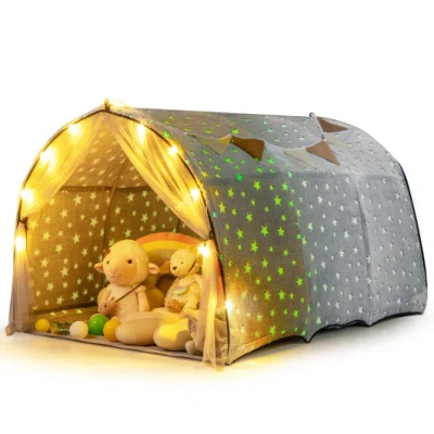 Costway Kids Dream Bed Tent Twin Bunk Bed With Glow In The Dark Stars And Lights-gray