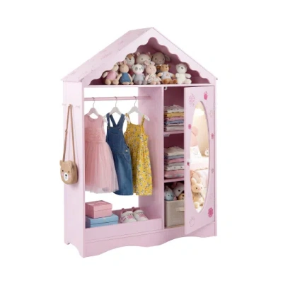 Costway Kids Dress Up Storage With Mirror Roofed Wardrobe Closet With Open Hanging Rack-pink In Multi