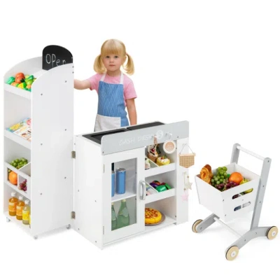 Costway Kids Grocery Store Playset Convertible Wooden Play Store With Shopping Cart-white In Multi