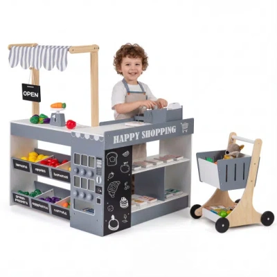 Costway Kids Grocery Store Playset Wooden Pretend Play Supermarket With Shopping Cart-gray