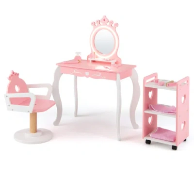 Costway Kids Hair Salon Play Set With Led Lighted Mirror Wooden Pretend Hair Salon Station With Swivel Barbe In Multi