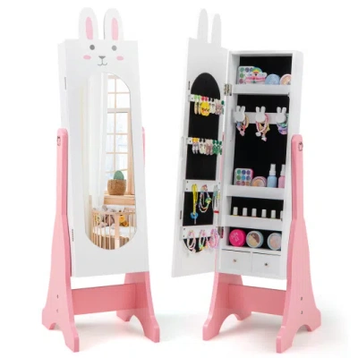Costway Kids Jewelry Armoire Cabinet With 2 Tilt Angles And Large Capacity-white In Pink