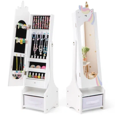 Costway Kids Jewelry Armoire Cabinet With Storage And 2 Tilt Angles-white