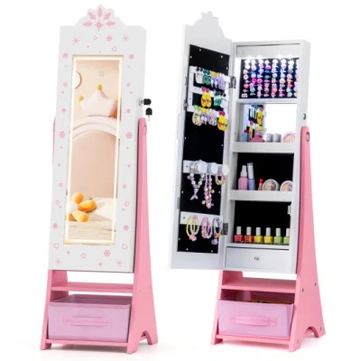 Costway Kids Jewelry Armoire Freestanding Jewelry Cabinet With 3-color Lighted Full Length Mirror-white In Multi