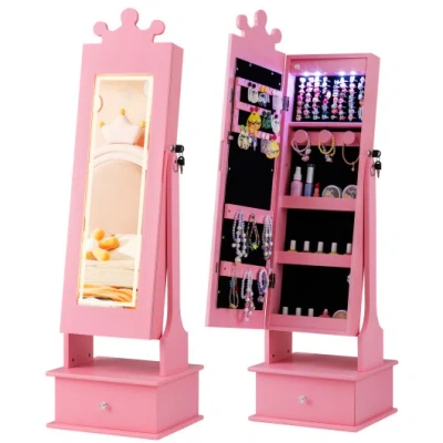 Costway Kids Jewelry Armoire With 3-color Lighted Full Length Mirror And Inside Led Lights-pink