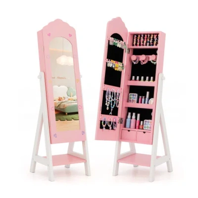 Costway Kids Jewelry Organizer With Full Length Mirror Drawers And Storage Shelves-pink