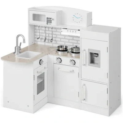 Costway Kids Kitchen Playset Conor Kitchen Toy With Realistic Microwave And Oven Stove-white In Multi