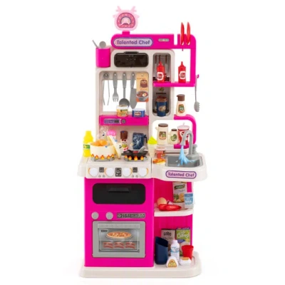 Costway Kids Kitchen Playset Pretend Play Kitchen With Realistic Sounds And Lights-pink