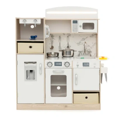 Costway Kids Kitchen Playset With Adjustable Led Lights Removable Fabric Bins-white In Neutral