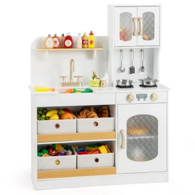 Costway Kids Kitchen Playset With Cooking Accessories And Toy Cuttable Veggies-white In Animal Print