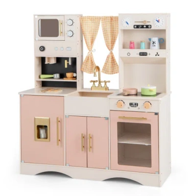 Costway Kids Kitchen Playset With Microwave And Coffee Maker For Ages 3+-pink
