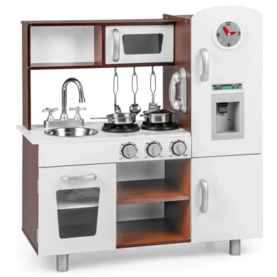 Costway Kids Kitchen Playset With Realistic Sounds And Lights-brown & White