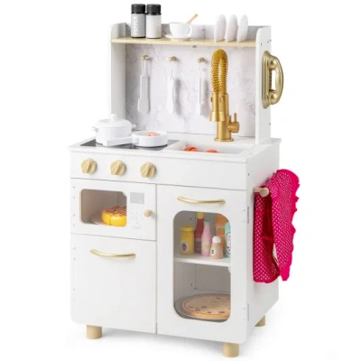Costway Kids Kitchen Set Pretend Play Kitchen With Stoves Faucet Sink Telephone Microwave And Oven-white