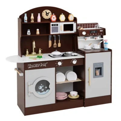 Costway Kids Kitchen Set Wooden With Coffee Makers And Accessories-coffee In Brown