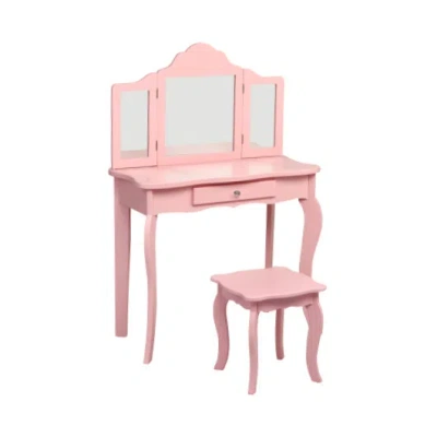 Costway Kids Makeup Dressing Mirror Vanity Table Stool Set-pink