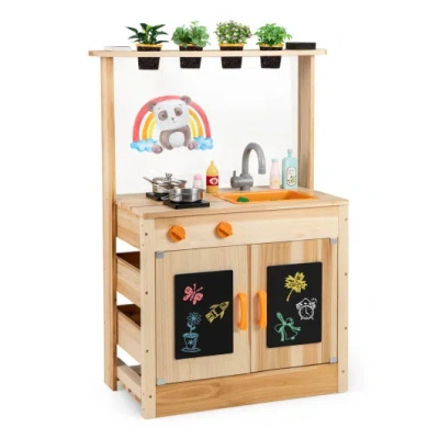 Costway Kids Mud Kitchen Fir Wood Playset With Planting Pots And Blackboards-natural In White