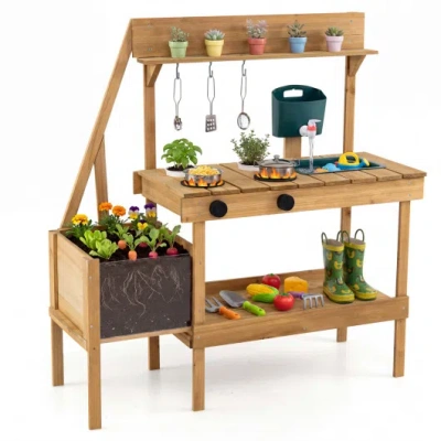 Costway Kids Mud Kitchen Wooden Play Kitchen With Planter Box-natural In Brown
