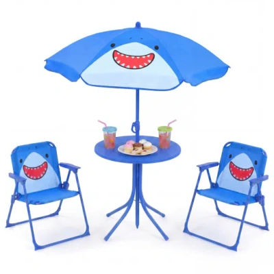 Costway Kids Outdoor Table And Chair Set With 2 Folding Chairs And Height Adjustable Umbrella-blue