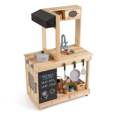 Costway Kids Outdoor Wooden Mud Kitchen With Stoves And Chalkboard-natural In Brown