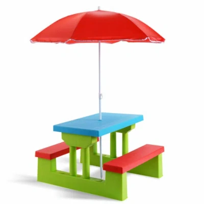 Costway Kids Picnic Folding Table And Bench With Umbrella In Multi
