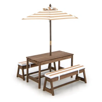 Costway Kids Picnic Table And Bench Set With Cushions And Height Adjustable Umbrella-brown In Animal Print