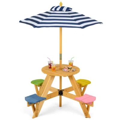 Costway Kids Picnic Table With Stools And Foldable Adjustable Umbrella For Backyard And Patio-blue In Animal Print