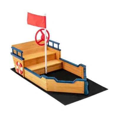 Costway Kids Pirate Boat Wooden Sandbox Children Outdoor Playset In Multi
