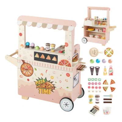 Costway Kids Pizza Food Truck Wooden Pretend Play Snack Cart With Oven-pink In Multi