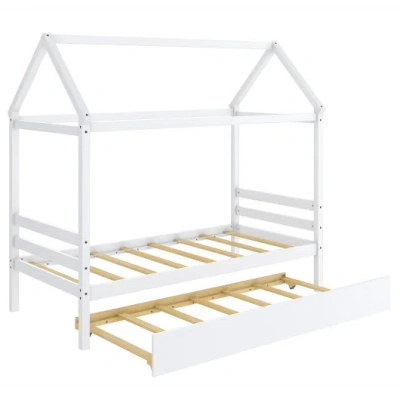 Costway Kids Platform Bed Frame With Roof For Bedroom-white